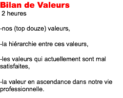 Bilan de Valeurs 2 heures -nos (top douze) valeurs, -la hiérarchie entre ces valeurs, -les valeurs qui actuellement sont mal satisfaites, -la valeur en ascendance dans notre vie professionnelle.
